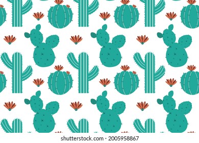 Seamless pattern with cacti. Houseplants concept. Warm countries. Vector illustration isolated on white background.