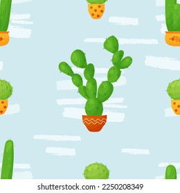 Seamless pattern with cacti. Indoor flowerpot tropical prickly cactus in pot on light blue background. Vector illustration. Cute botanical pattern for decor, design, packaging, wallpaper, textile