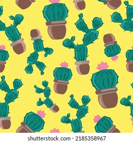  Seamless pattern with cacti in a jug. Botanical print for textile, fabric, print on clothes, gift paper, banners, postcards.