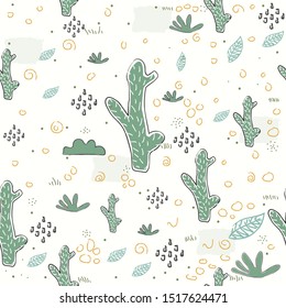 Seamless Pattern with Cacti and leaves. Scandinavian Style. Vector Illustration