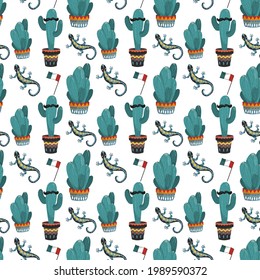 Seamless pattern with cacti and lizard with elements of Mexican culture . Potted cacti and a lizard with Mexican national ornaments and patterns. Print on paper or background image for layouts.