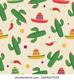 Seamless pattern with cacti and Mexican hat in Mexican style. Vector graphics