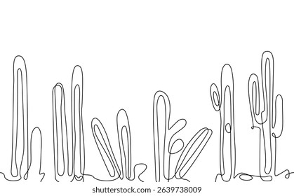 Seamless pattern with cacti in minimalistic linear style isolated on white background. Vector illustration.