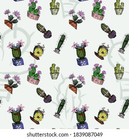 seamless pattern cacti monsters indulge on a light background. doodle style vector