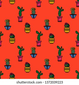 Seamless pattern of cacti in multi-colored pots. Vector illustration.