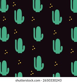 Motif harmonieux de cactus sur fond noir. Motifs du Far West. Illustration vectorielle dans un style rétro minimaliste.