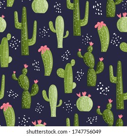 Seamless pattern with cacti on dark background. Vector illustration of different cactuses. Desert plants