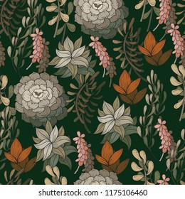 Seamless pattern with cacti on a green background