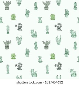 seamless pattern with cacti on white background. doodle drawings