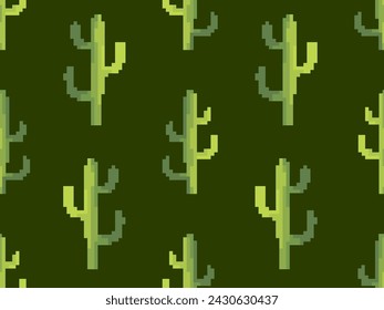 Seamless pattern with cacti in pixel art style. Green 8-bit cacti in the style of classic 80s video games. Retro design for print, wrapping paper and wallpaper. Vector illustration