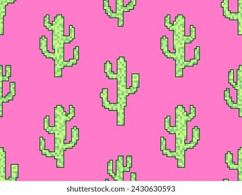 Seamless pattern with cacti in pixel art style. 8-bit green cacti on a pink background in the style of classic 80s video games. Retro design for print, banner and wallpaper. Vector illustration