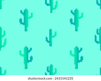 Seamless pattern with cacti in pixel art style. 8-bit cacti in the style of classic 80s video games. Retro design for print, wrapping paper and wallpaper. Vector illustration