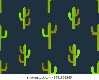 Seamless pattern with cacti in pixel art style. Green 8-bit cacti in the style of classic 80s video games. Retro design for print, wrapping paper and wallpaper. Vector illustration