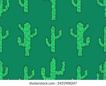 Seamless pattern with cacti in pixel art style. Green 8-bit cacti in the style of classic 80s video games. Retro design for print, wrapping paper and wallpaper. Vector illustration