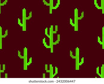 Seamless pattern with cacti in pixel art style. Green 8-bit cacti in the style of classic 80s video games. Retro design for print, wrapping paper and wallpaper. Vector illustration