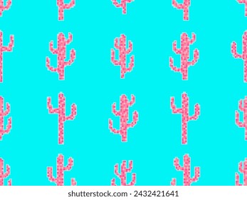 Seamless pattern with cacti in pixel art style. 8-bit cacti in the style of classic 80s video games. Retro design for print, wrapping paper and wallpaper. Vector illustration