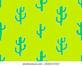 Seamless pattern with cacti in pixel art style. 8-bit cacti with white outline in the style of classic 80s video games. Retro design for print, wrapping paper and wallpaper. Vector illustration