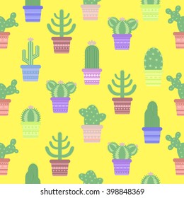 Seamless pattern with cacti in a pot. Icon of cactus flower. Desert plant