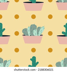 Seamless pattern with cacti in a pot. Vector texture for fabric print, packaging, label of cactus alcoholic drinks