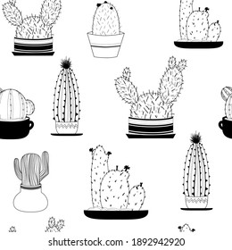 Seamless pattern. Cacti in pots. Black and white drawing. Doodle