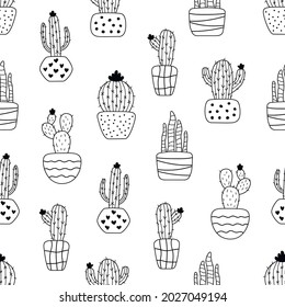 Seamless pattern with cacti in pots. Black and white vector background with plants for textiles, stationery and wrapping paper