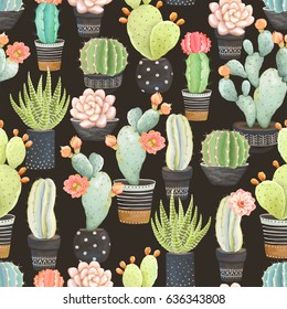 Patrón transparente de cactus en ollas sobre fondo oscuro, ilustración vectorial en estilo vintage.
