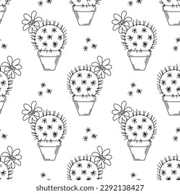 Seamless pattern with cacti in pots outline, Rebutia, Mammillaria, vector illustration