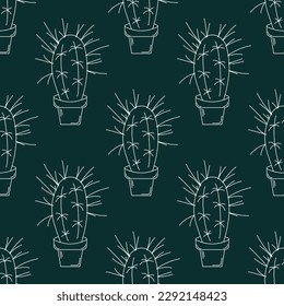 Seamless pattern with cacti in pots outline, Stetsonia, vector illustration