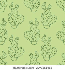 Seamless pattern with cacti in pots outline, Opuntia microdasys
