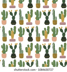 Seamless pattern with cacti in pots. Scandinavian style. Vector print. Fabric design.