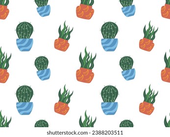 Seamless pattern with cacti in pots, succulents in pots. Vector illustration, for textile, wallpaper, wrapping paper, desktop, screensaver.