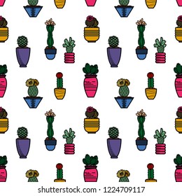 Seamless pattern with cacti in pots. Vector illustration. Multicolored botanical seamless pattern.