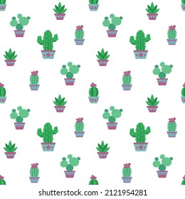seamless pattern with cacti. potted indoor plants. pattern with thorns. green cacti on a white background. flat vector illustration