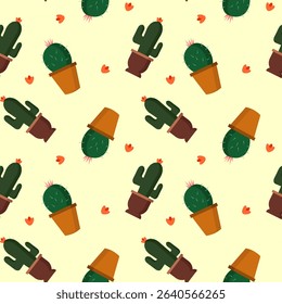 Seamless pattern with cacti. A potted plant on a light background. Flat style. Vector illustration