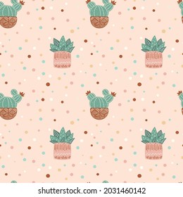 Seamless pattern of cacti. Repeating background with cactus in pots and polka dots. Pattern in earthy and natural colors in boho style. Vector illustration