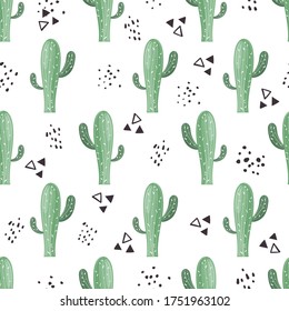 Seamless pattern with cacti in scandinavian style. Vector illustration of different cactuses. Desert plants