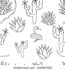 Seamless pattern. Cacti and snake. Vector.