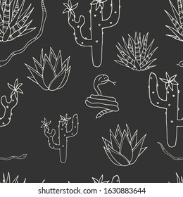 Seamless pattern. Cacti and snake. Vector. Graphite.