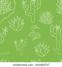 Seamless pattern. Cacti and snake. Vector. Green background.