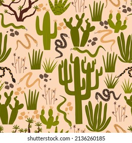 seamless pattern with cacti, snakes, desert plants. vector illustration