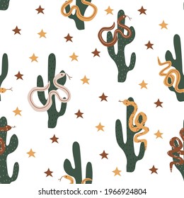 Seamless pattern with cacti, stars  and snakes. Multicolored cute rattlesnakes. Wild West theme.  Simple childish  style perfect for textiles, baby shower fabrics, digital paper, fashion.