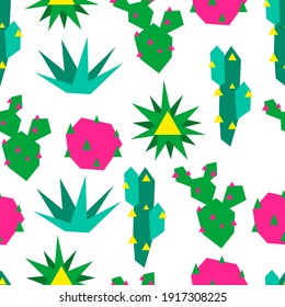 Seamless pattern with cacti and succulents. Abstract plants in geometric style.
