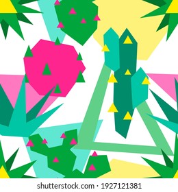 Seamless pattern with cacti and succulents. Abstract plants in geometric style.