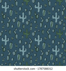 Patrón de cactus y suculentos sin inconvenientes. Plantas dibujadas a mano al estilo de Doodle en un fondo azul.