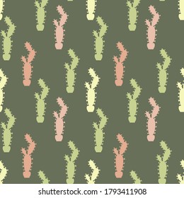 Seamless pattern of cacti and succulents . Cute Doodle style hand-drawn plants on a green background. Vector illustration