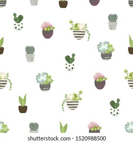 Seamless pattern with cacti and succulents in flat style  with texture. Vector illustration in vintage style on white background.