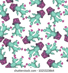 A seamless pattern with cacti and succulents in a flower pot with floral ornament with bright saturated double flowers and needles of blue, green, crimson, red, violet hues