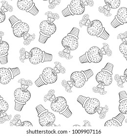 Seamless pattern with cacti, succulents, flowers in pots with stripes. Painting