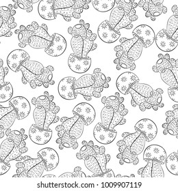 Seamless pattern with cacti, succulents, flowers in pots with blots. Painting