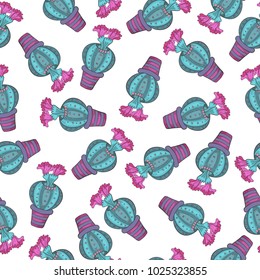 Seamless pattern with cacti, succulents, flowers in pots with blots blue, blue, pink, raspberry, orange, green hues with needles and colorful colorful terry flowers